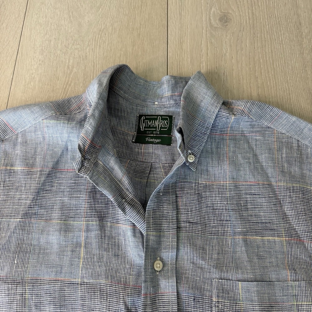 Vintage Gitman Bros Shirt Mens M Medium Button Down Linen Blue Plaid USA Made